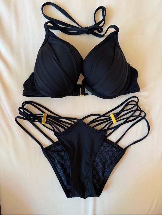 Victoria's Secret Other - Victoria's Secret Black Strappy Push-Up Bikini Set with Gold Accents